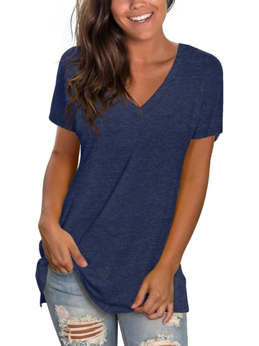 〽️Women Navy Blue V Neck Tee Loose Fitting Casual Short Sleeve Tops T Shirt